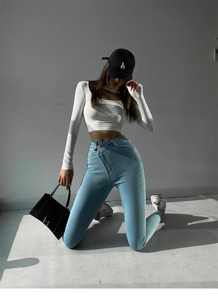 New Oblique High Waist Slim Elastic Jeans