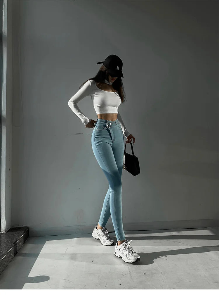 New Oblique High Waist Slim Elastic Jeans