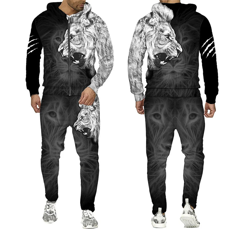 Men's Tracksuit 3D Lion Print 
Zipper Hoodie/Pants Set