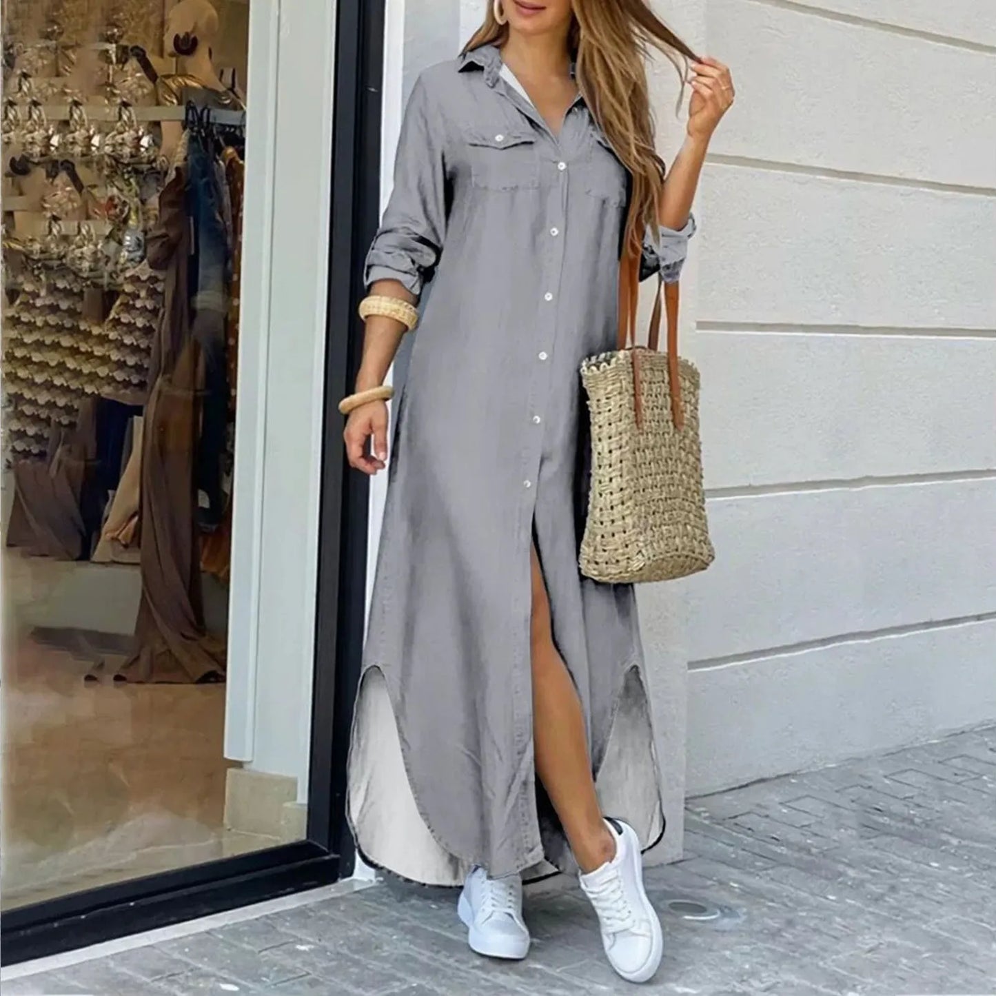 Elegant Shirt Dress Women 
Long Sleeve/Button