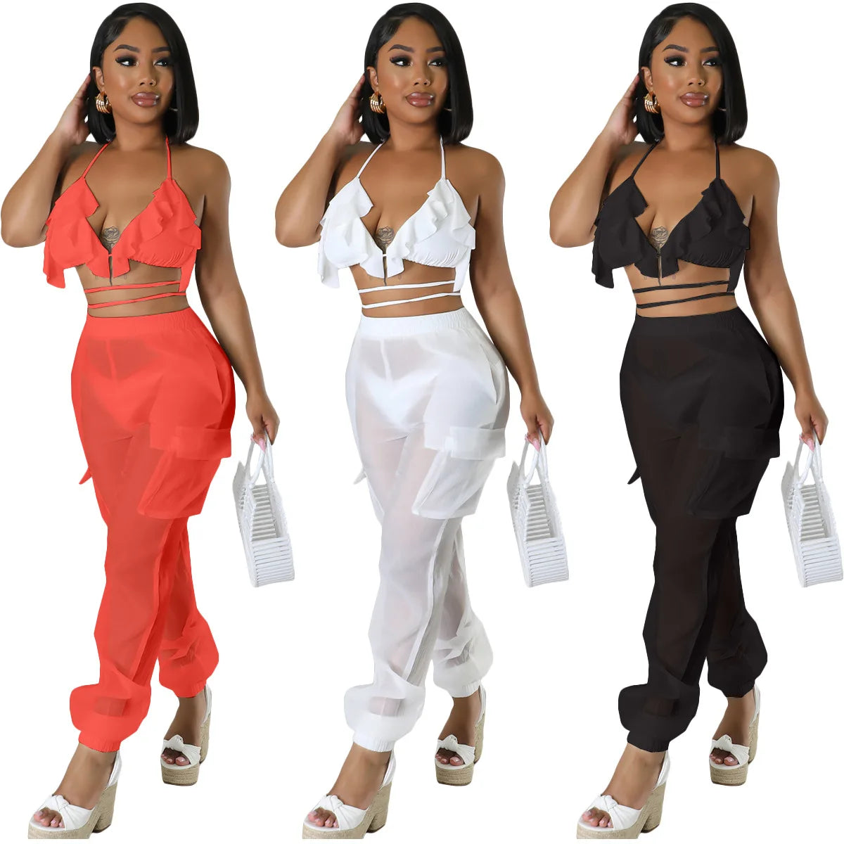 Solid Color Sheer Mesh 3-piece Set