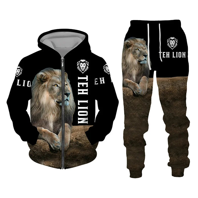 Men's Tracksuit 3D Lion Print 
Zipper Hoodie/Pants Set