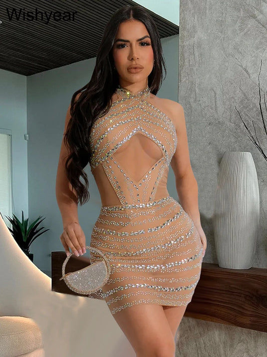 Elegant Crystal Apricot Mesh Mini Dress