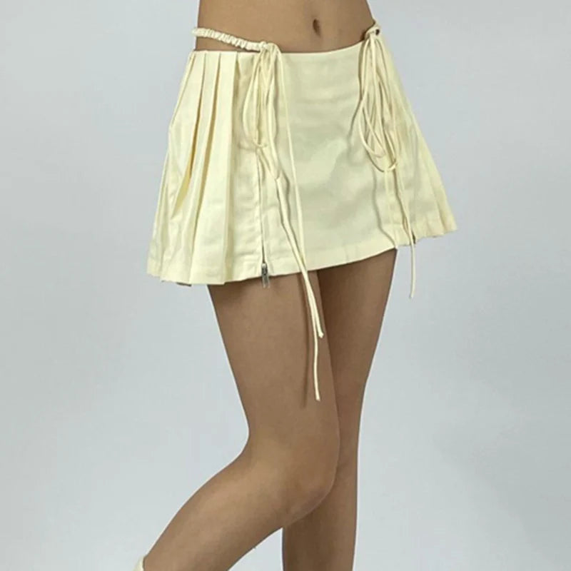 Side Pleated Mini Skirt/Drawstring Low Waist