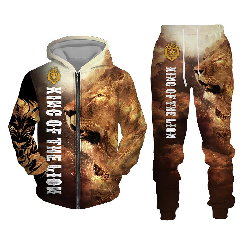 Men's Tracksuit 3D Lion Print 
Zipper Hoodie/Pants Set