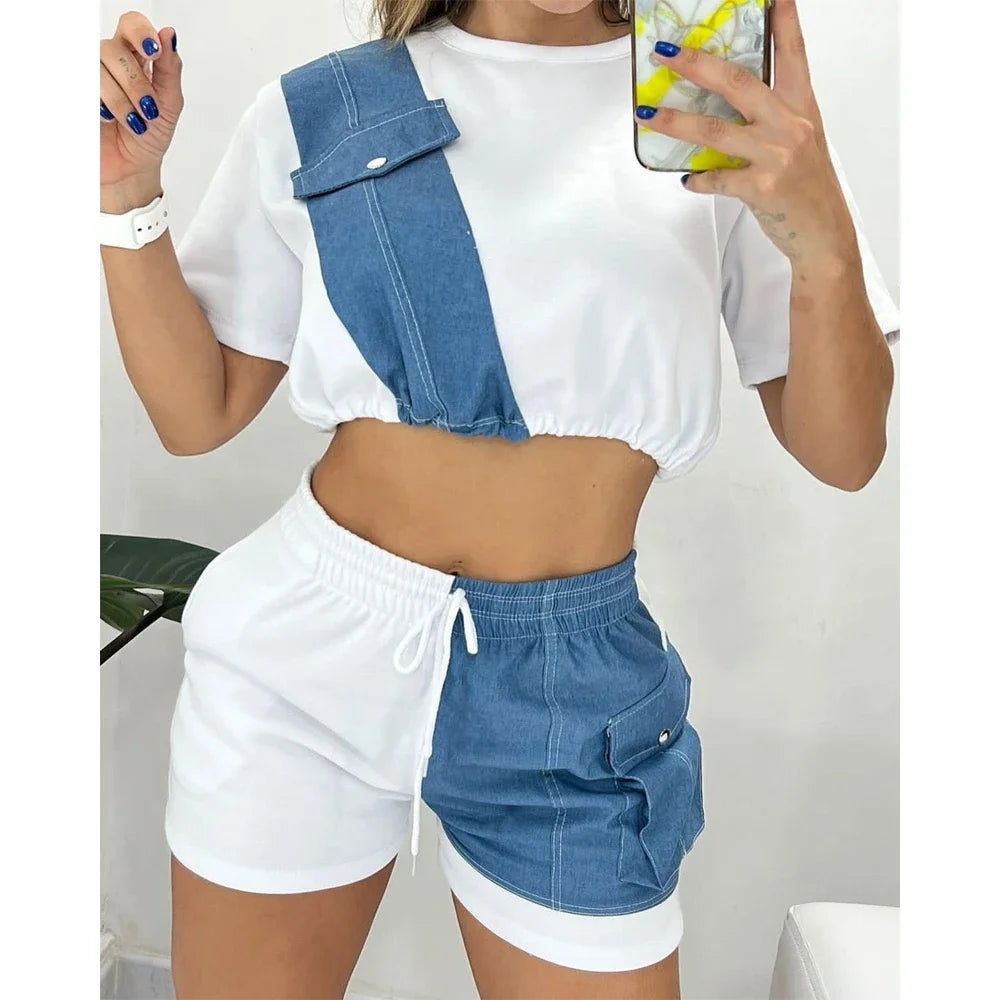 2-piece Set Colorblock Denim Patch O-Neck Short Sleeve