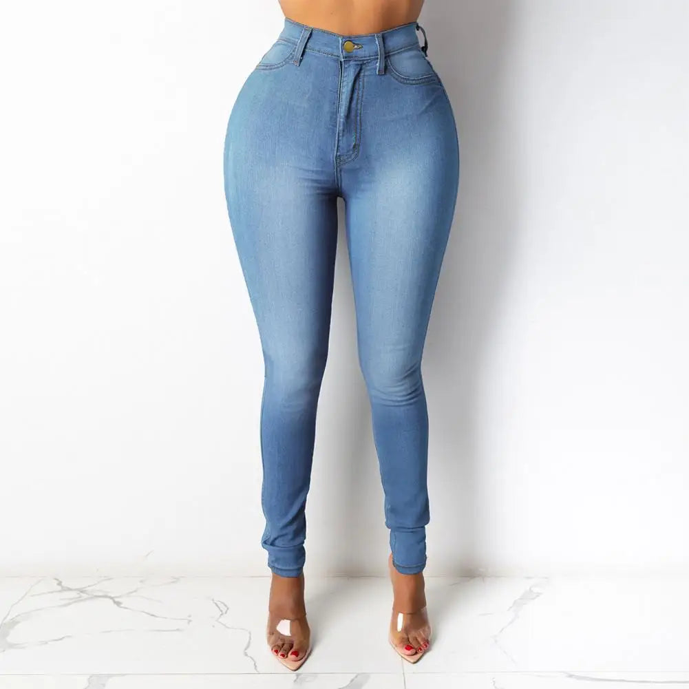 Solid Color Washed Pockets High Waist Denim