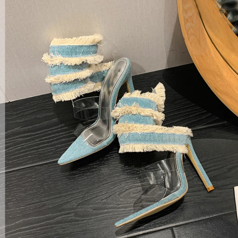 Denim Ankle Snake Strap High Heels