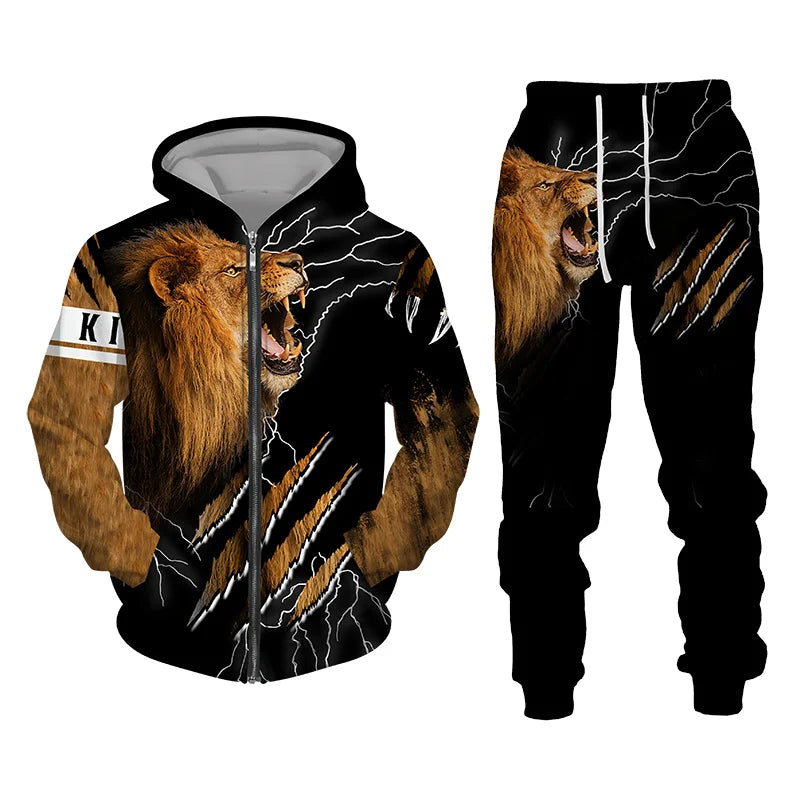 Men's Tracksuit 3D Lion Print 
Zipper Hoodie/Pants Set