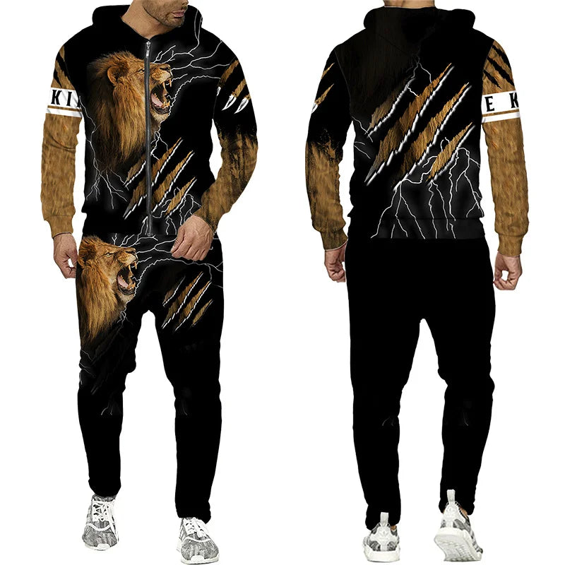 Men's Tracksuit 3D Lion Print 
Zipper Hoodie/Pants Set