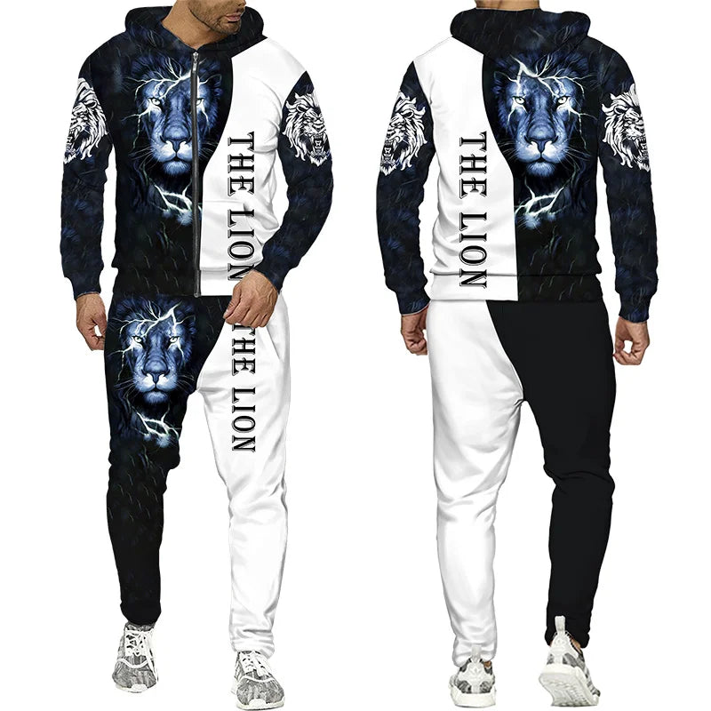 Men's Tracksuit 3D Lion Print 
Zipper Hoodie/Pants Set