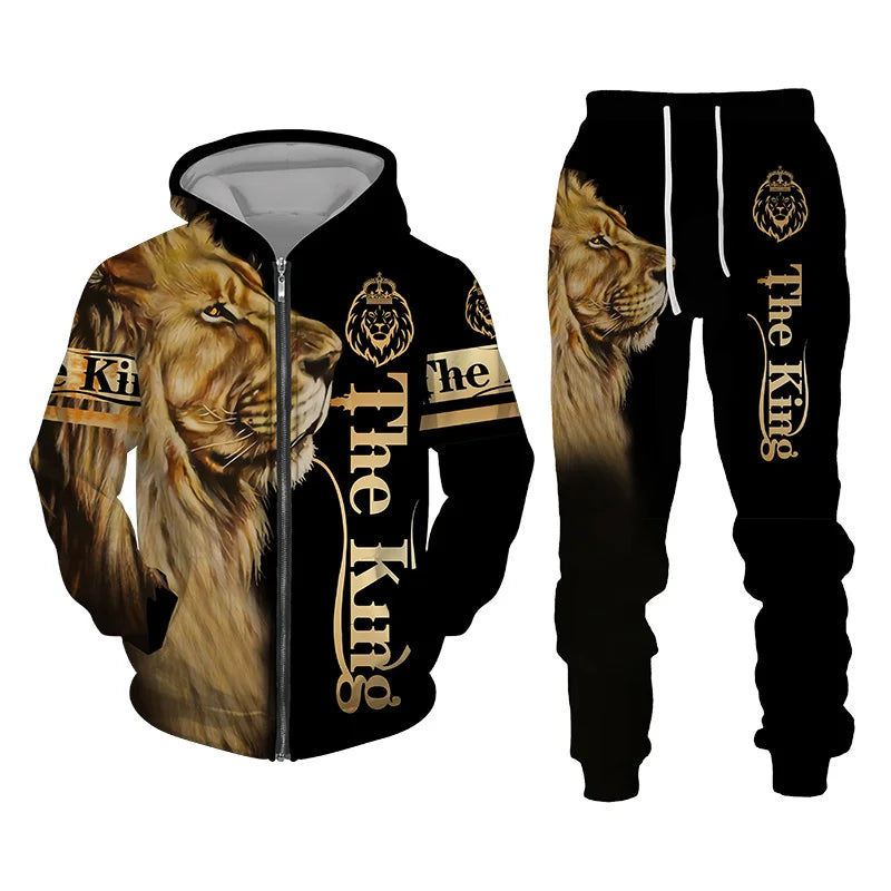 Men's Tracksuit 3D Lion Print 
Zipper Hoodie/Pants Set