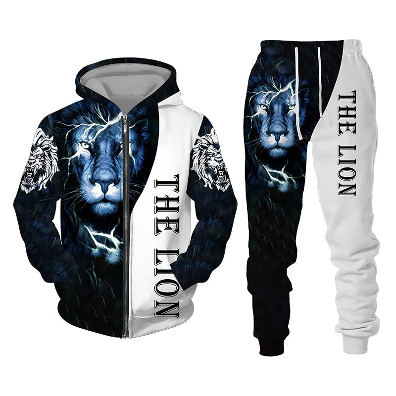 Men's Tracksuit 3D Lion Print 
Zipper Hoodie/Pants Set