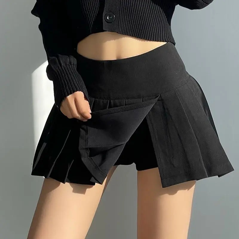 Side Split High Waist Pleated Mini Skirt