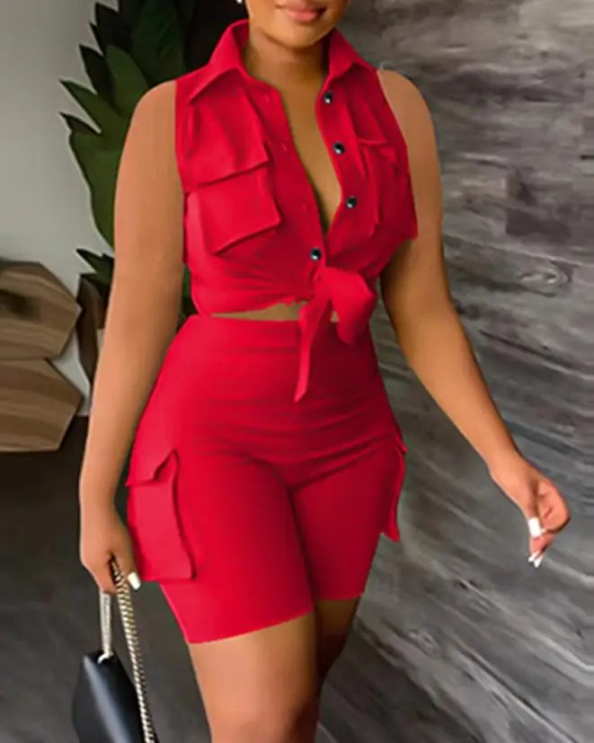 Buttoned Pocket Sleeveless 2-piece set