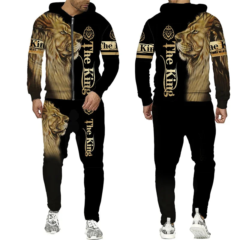 Men's Tracksuit 3D Lion Print 
Zipper Hoodie/Pants Set