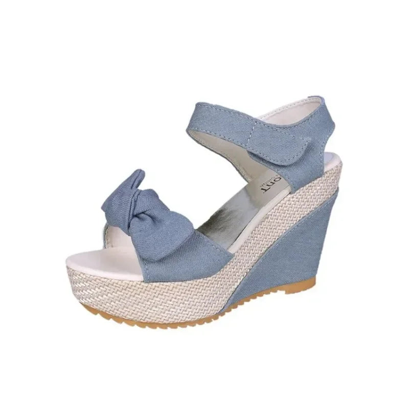 Denim Bow Mixed Colors Wedges High Heels