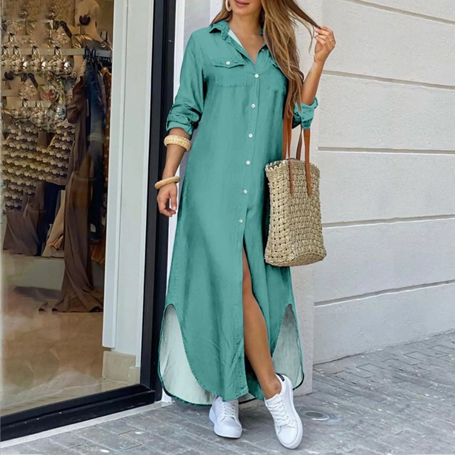 Elegant Shirt Dress Women 
Long Sleeve/Button