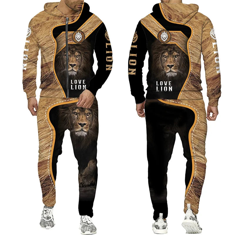 Men's Tracksuit 3D Lion Print 
Zipper Hoodie/Pants Set