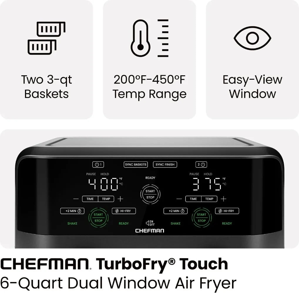 CHEFMAN 6 Quart Dual Basket Air Fryer Oven w/Easy View Windows/Sync Finish