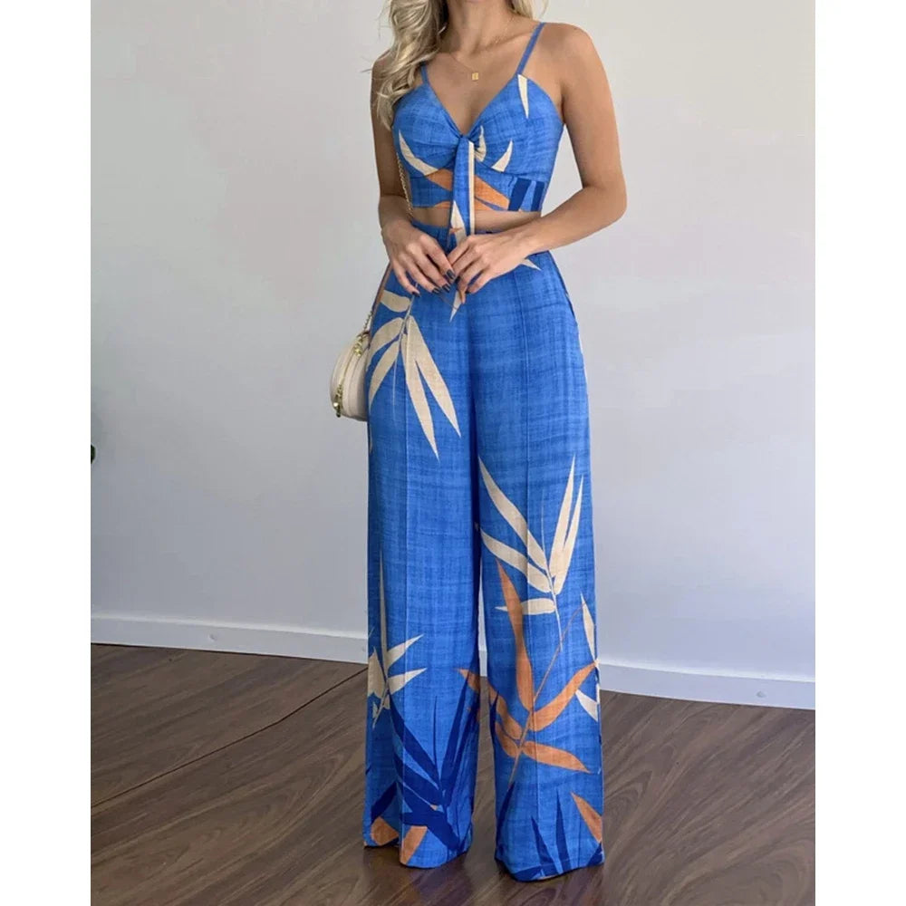 Tropical Spaghetti Strap High Waist Pants 2-Piece Set