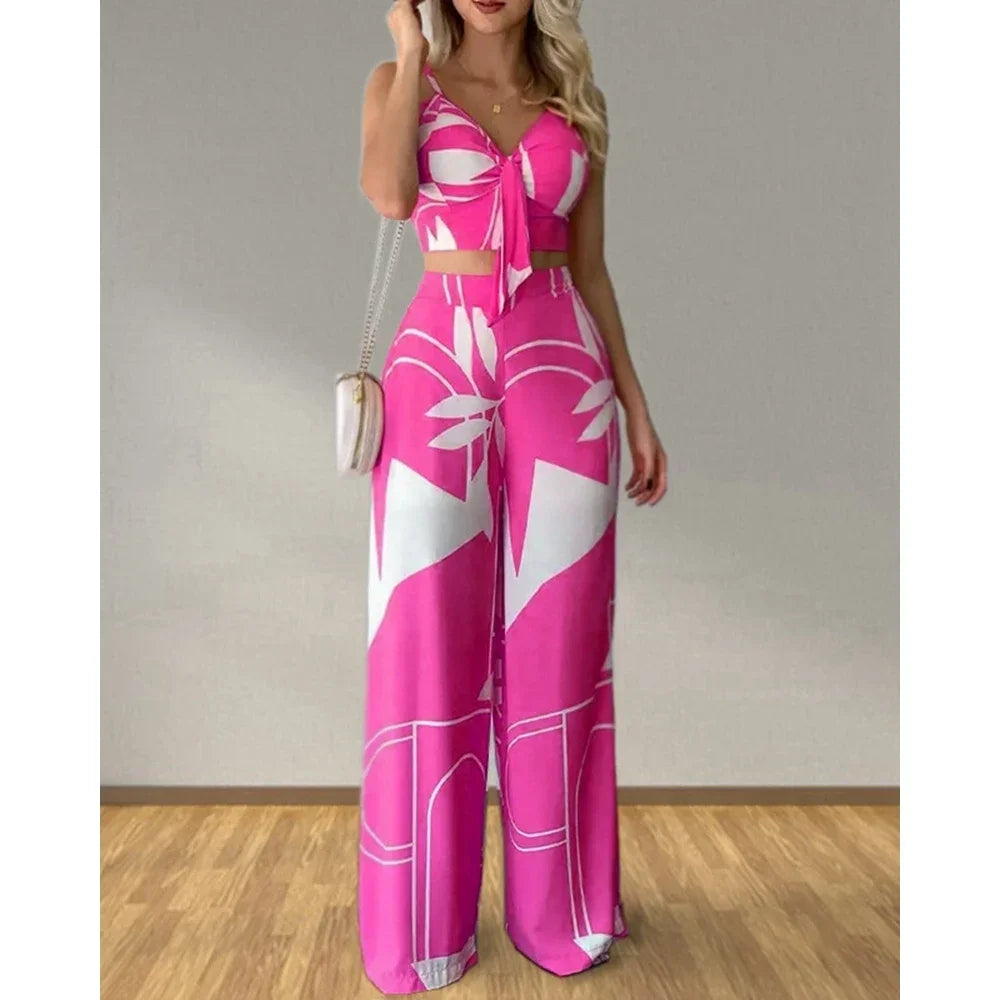 Tropical Spaghetti Strap High Waist Pants 2-Piece Set