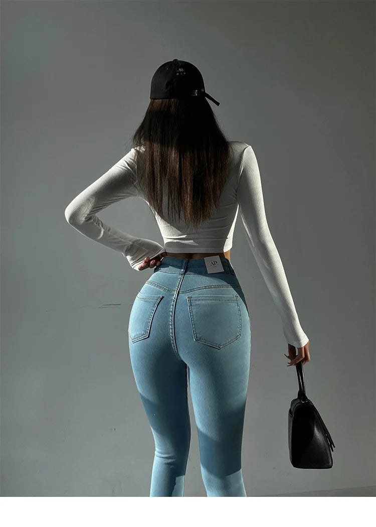 New Oblique High Waist Slim Elastic Jeans