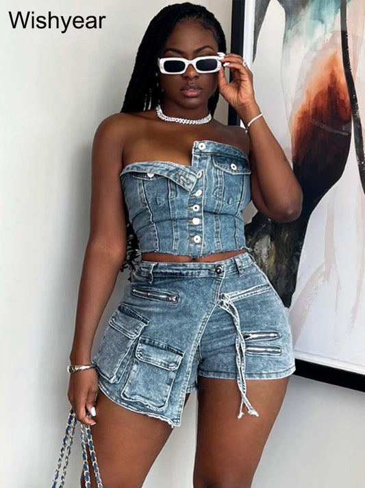 2024 Fashion Irregular 2-Piece  Denim Stretch