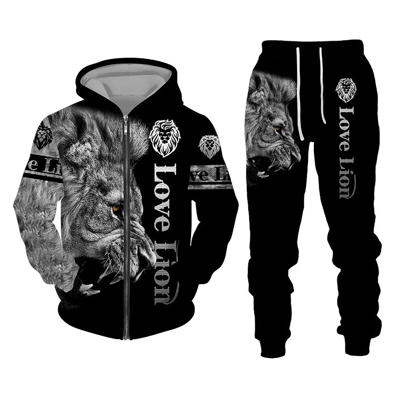 Men's Tracksuit 3D Lion Print 
Zipper Hoodie/Pants Set