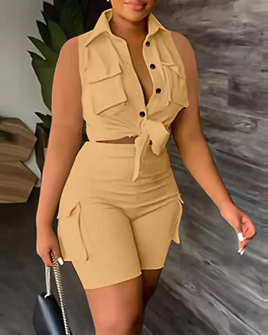 Buttoned Pocket Sleeveless 2-piece set