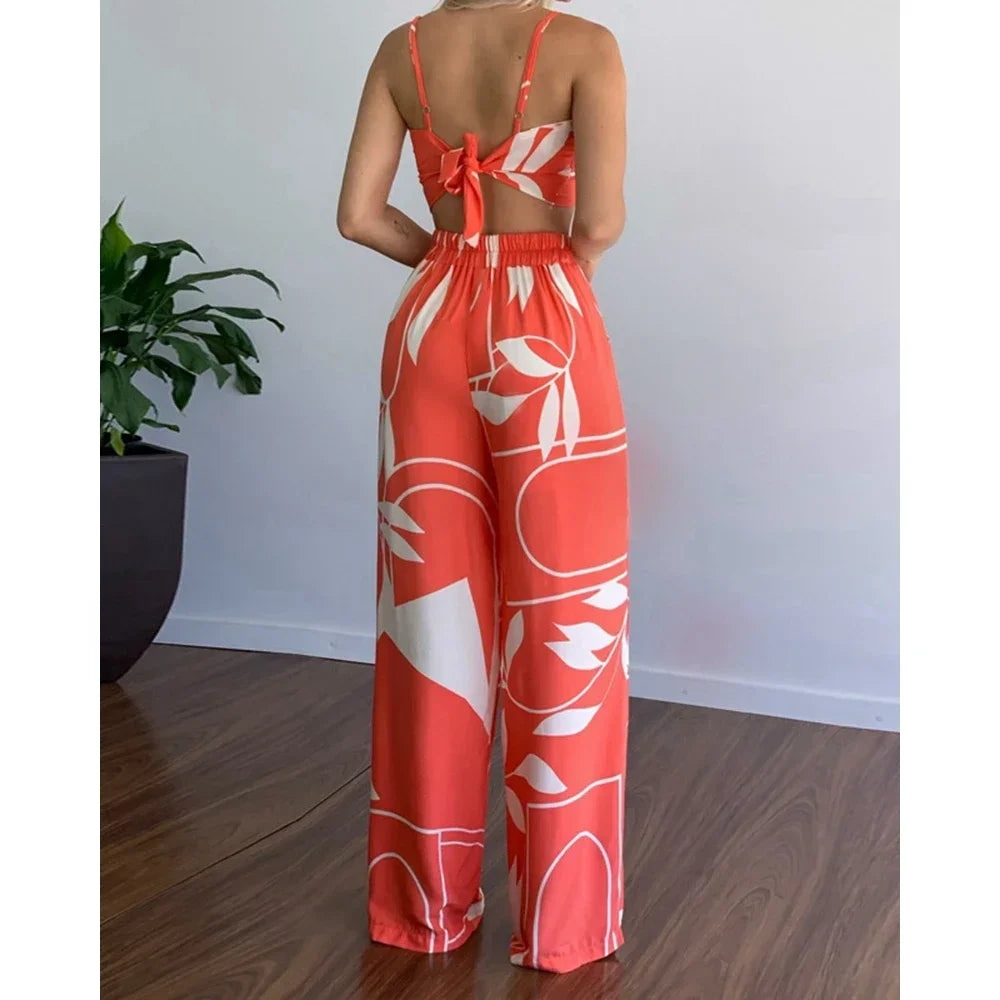 Tropical Spaghetti Strap High Waist Pants 2-Piece Set