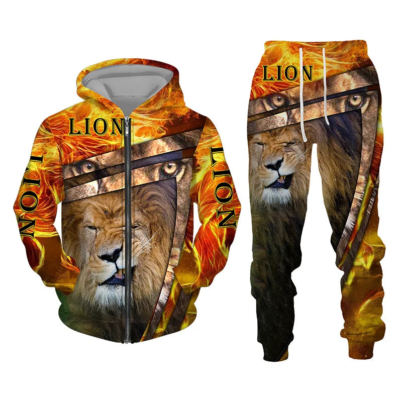 Men's Tracksuit 3D Lion Print 
Zipper Hoodie/Pants Set