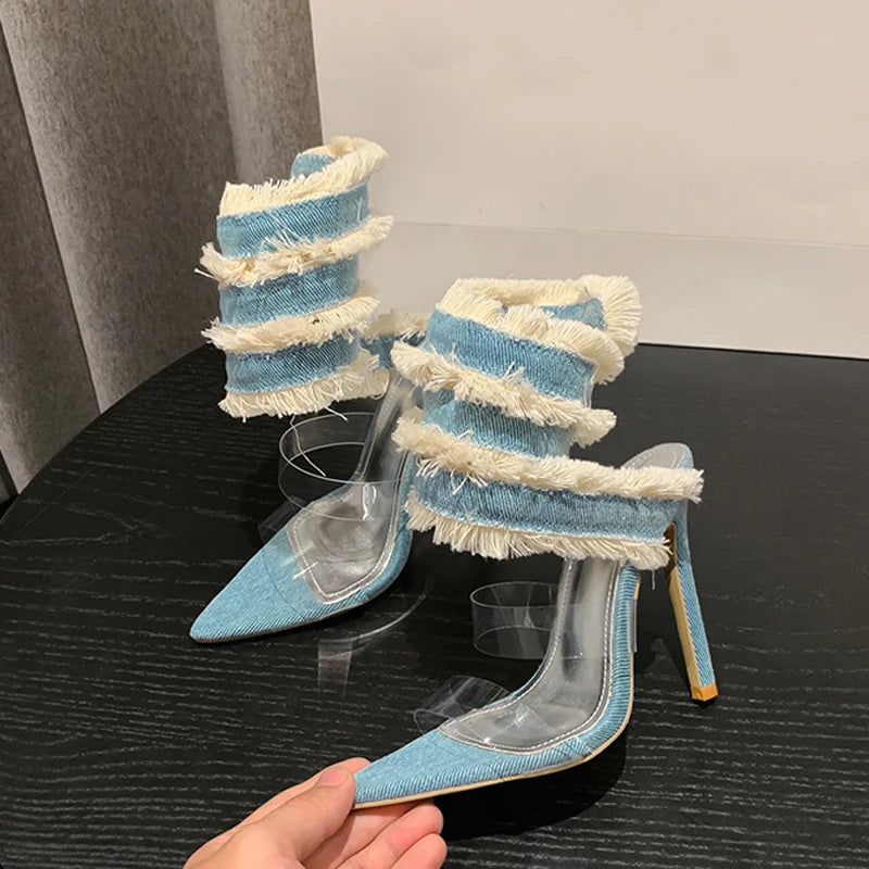 Denim Ankle Snake Strap High Heels