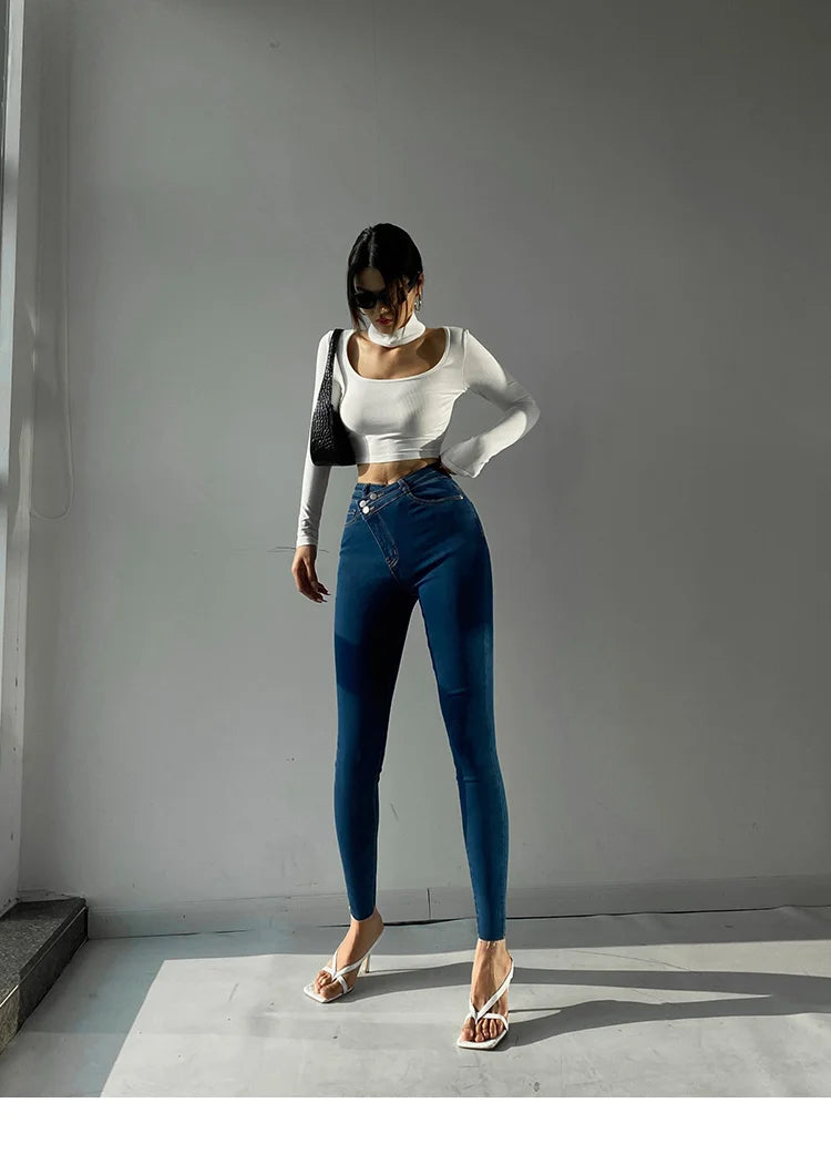 New Oblique High Waist Slim Elastic Jeans