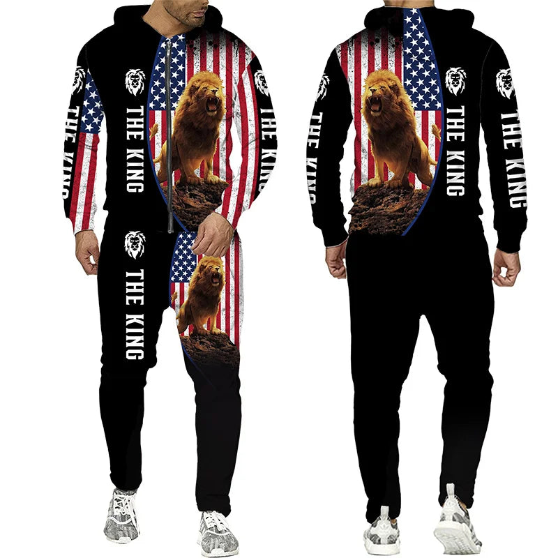 Men's Tracksuit 3D Lion Print 
Zipper Hoodie/Pants Set