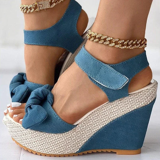 Denim Bow Mixed Colors Wedges High Heels