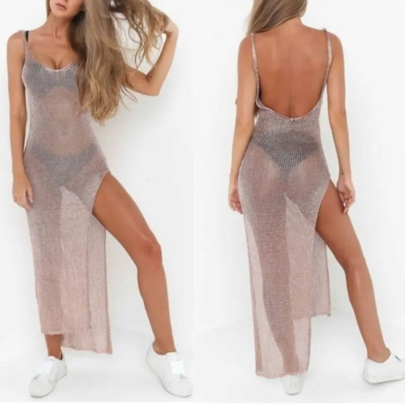 Mesh Bikini Cover Up Metallic Solid Color