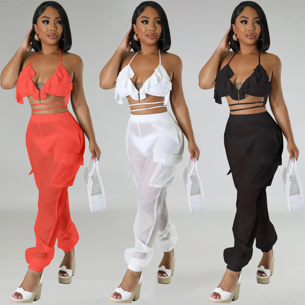 Solid Color Sheer Mesh 3-piece Set