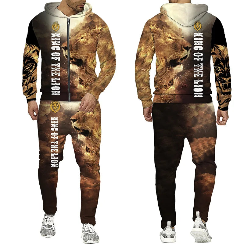 Men's Tracksuit 3D Lion Print 
Zipper Hoodie/Pants Set