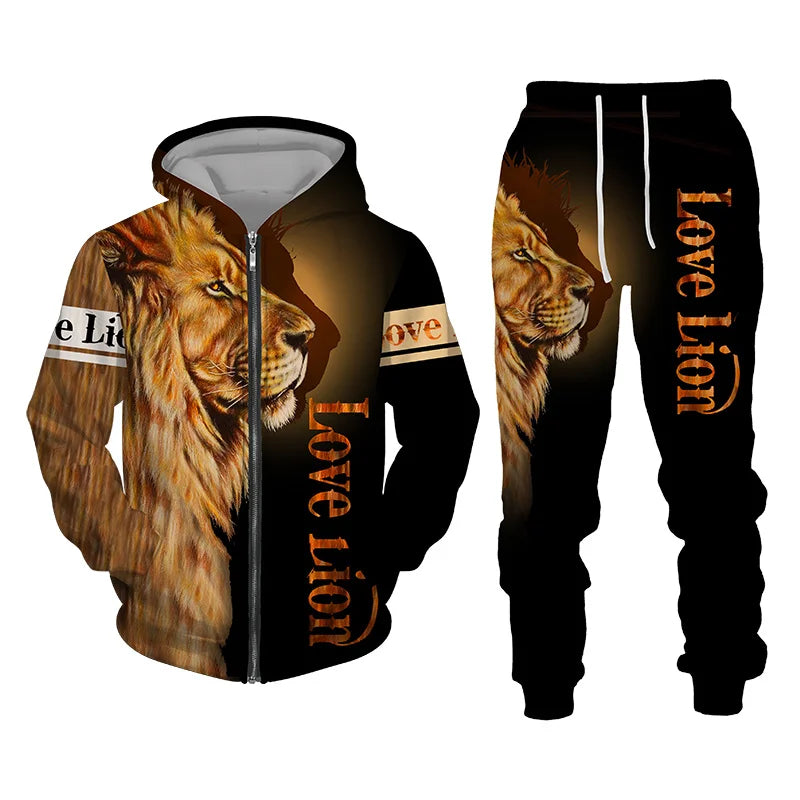 Men's Tracksuit 3D Lion Print 
Zipper Hoodie/Pants Set