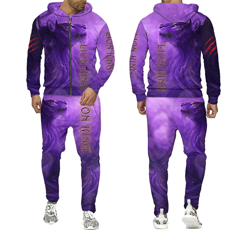 Men's Tracksuit 3D Lion Print 
Zipper Hoodie/Pants Set