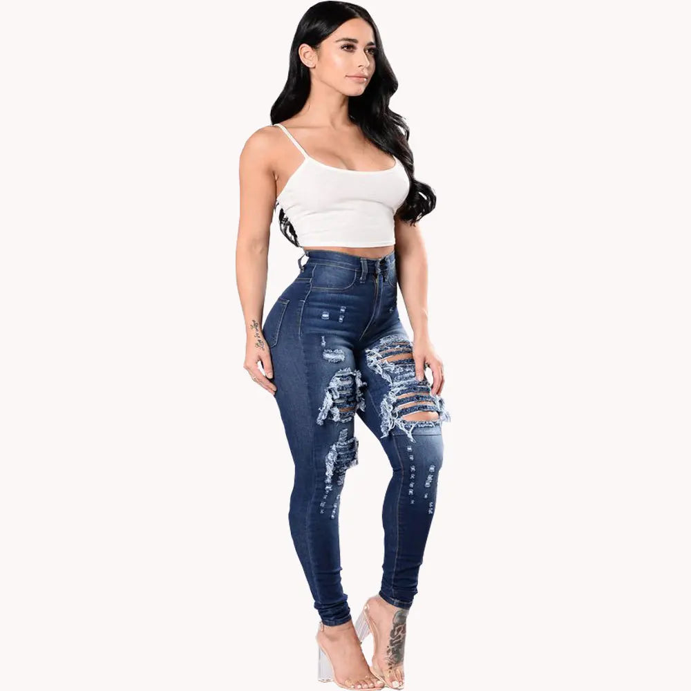 Stretch Skinny Ripped Hole Washed Denim Jeans