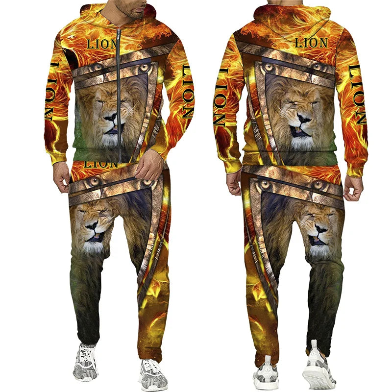 Men's Tracksuit 3D Lion Print 
Zipper Hoodie/Pants Set