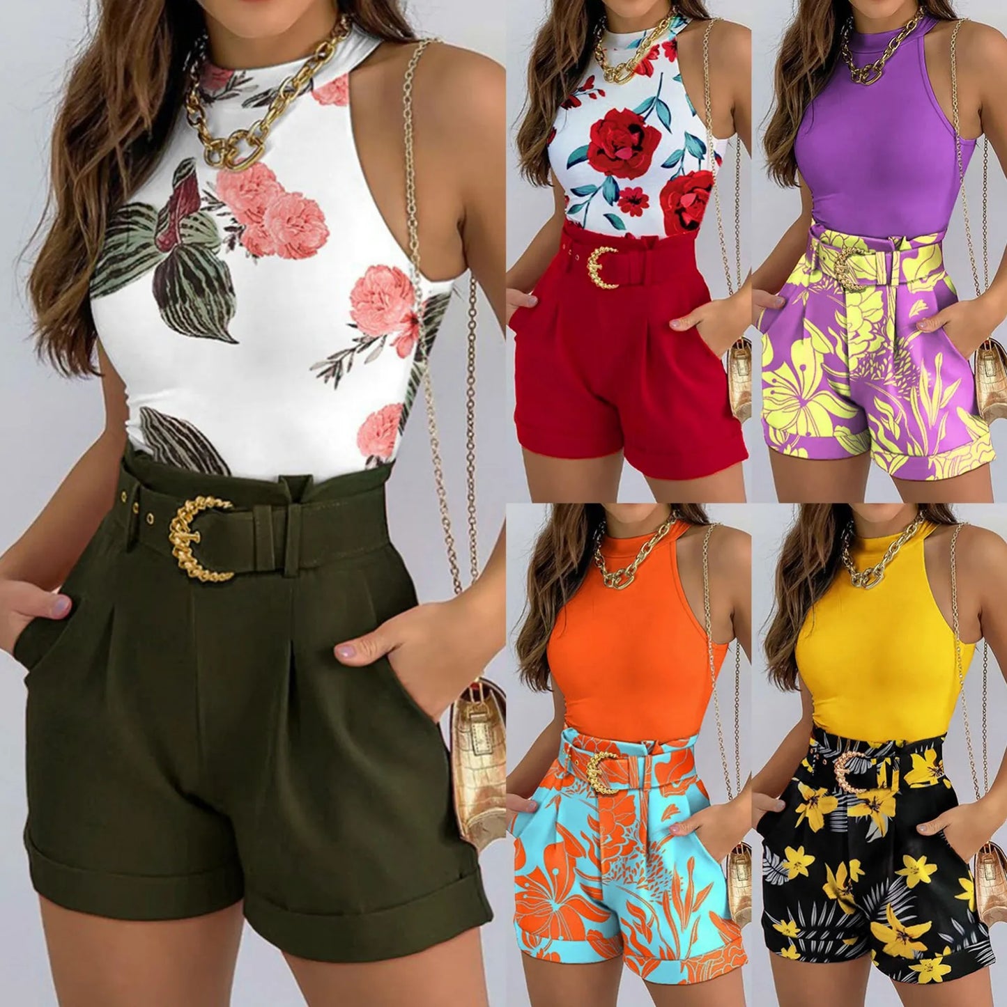 Women Fashion2-Piece Sleeveless Floral Set