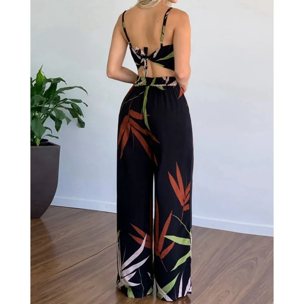 Tropical Spaghetti Strap High Waist Pants 2-Piece Set