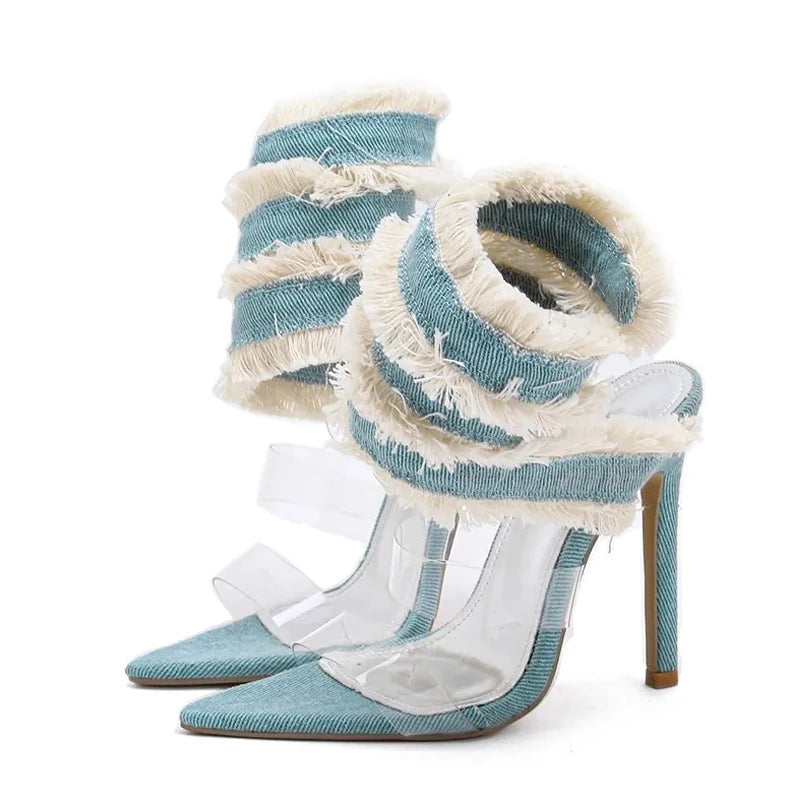 Denim Ankle Snake Strap High Heels