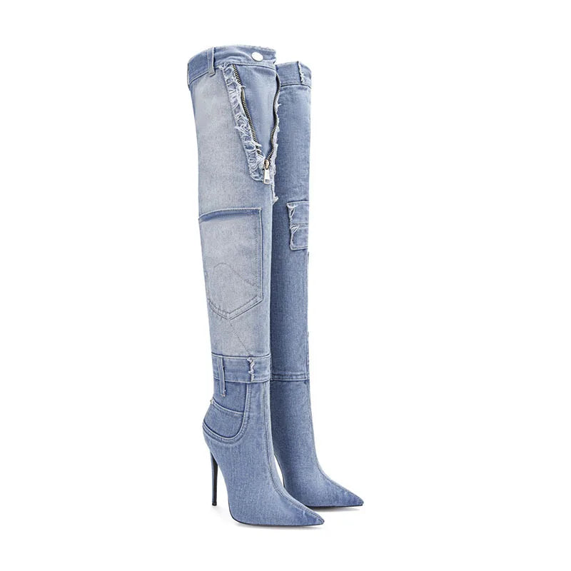 Emma King High Heels Denim Over The Knee Boots
Pointed Toe V Zipper