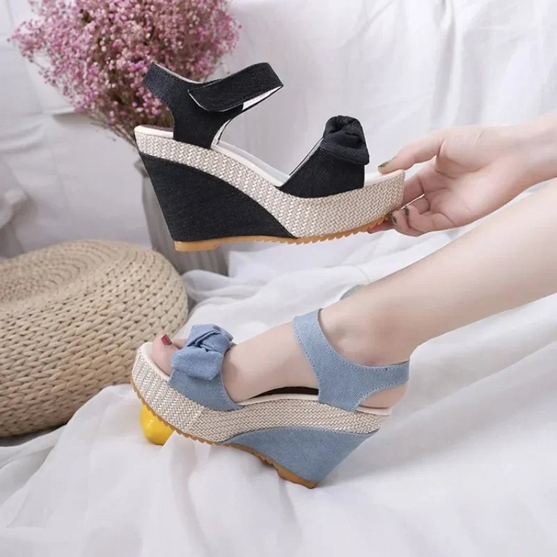 Denim Bow Mixed Colors Wedges High Heels