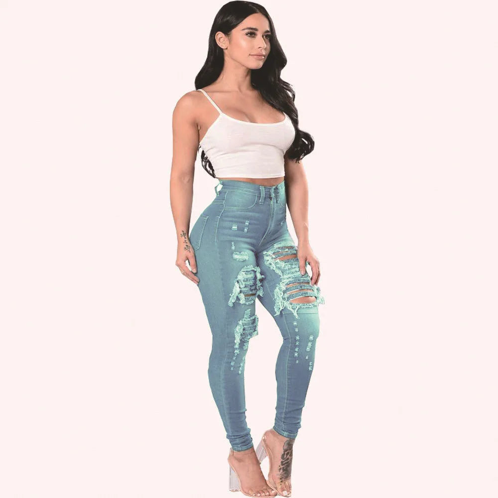 Stretch Skinny Ripped Hole Washed Denim Jeans