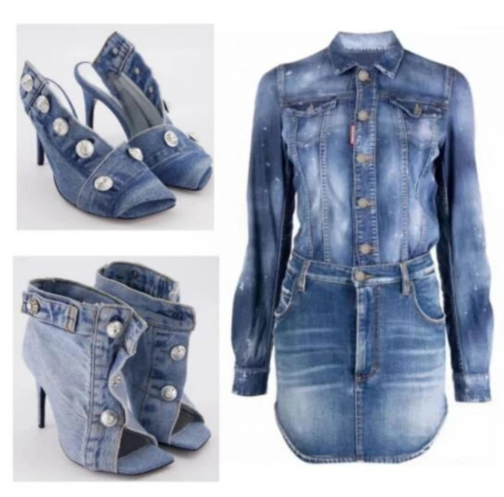 Big Diamond Denim Jeans High Heels